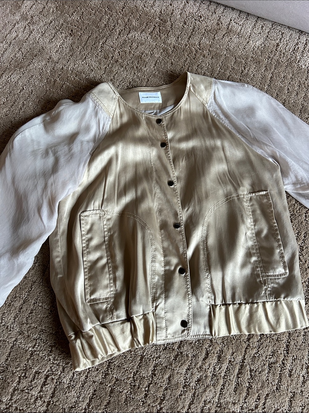 Club Monaco Two-Tone Silk  Bomber Jacket in Beige and Ivory